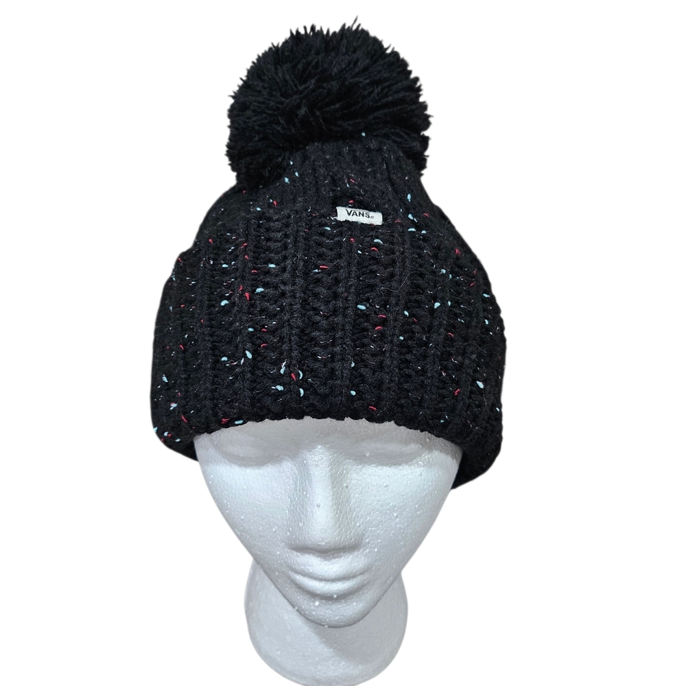 Vans Black Confetti Speckled Pom Beanie Chunky Knit Y2K Skatecore Streetwear Hat